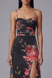 Vestido floral de tirantes finos negros estampados en línea A