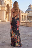 Vestido negro sirena con recortes estampados de un solo hombro
