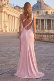 Vestido largo de graduación de sirena rosa de un hombro fruncido y abertura