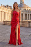 Vestido largo de graduación de sirena rosa de un hombro fruncido y abertura