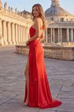 Vestido largo de graduación de sirena rosa de un hombro fruncido y abertura