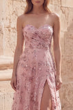 Blush Sequin A Line Tirante Vestido largo de graduación sin tirantes con abertura