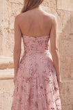 Blush Sequin A Line Tirante Vestido largo de graduación sin tirantes con abertura