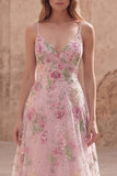 Vestido largo de graduación de la línea A de lentejuelas rosas con tirantes finos