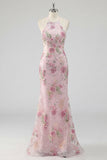 Vestido largo largo de baile de sirena floral de lentejuelas rosas brillantes