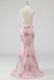Vestido largo largo de baile de sirena floral de lentejuelas rosas brillantes