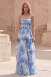 Flor blanca azul, Corsé largo de línea Vestido largo de graduación con volantes
