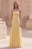 Vestido largo largo de graduación plisado y plisado sin tirantes amarillo floral A Line