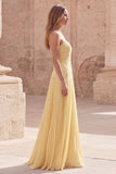 Vestido largo largo de graduación plisado y plisado sin tirantes amarillo floral A Line