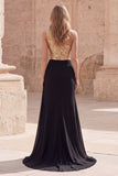 Vestido largo de baile de sirena de un solo hombro dorado y negro brillante con abertura