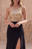 Vestido largo de baile de sirena de un solo hombro dorado y negro brillante con abertura