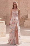 Vestido de graduación de fin de curso floral de marfil A Line Long sin tirantes con abertura