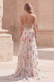 Vestido de graduación de fin de curso floral de marfil A Line Long sin tirantes con abertura