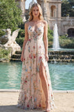 Vestido de graduación largo de tirantes finos de flor de marfil A Line, con abertura