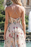 Vestido de graduación largo de tirantes finos de flor de marfil A Line, con abertura