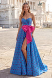 Vestido largo azul A, tirante y lazo, con lazos y abertura
