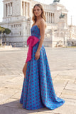 Vestido largo azul A, tirante y lazo, con lazos y abertura