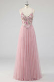 Vestido largo de graduación de fin de curso de finos rosa floral Línea A con tirantes finos