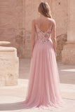 Vestido largo de graduación de fin de curso de finos rosa floral Línea A con tirantes finos
