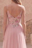 Vestido largo de graduación de fin de curso de finos rosa floral Línea A con tirantes finos
