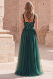 Vestido largo de graduación de fin de curso verde oscuro de tirantes finos con tirantes finos