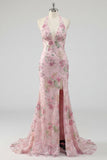 Vestido de baile largo sin respaldo sin espalda con cuello de fin de curso rosa sirena rosa brillante y con abertura