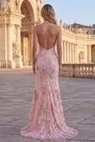 Vestido de baile largo sin respaldo sin espalda con cuello de fin de curso rosa sirena rosa brillante y con abertura
