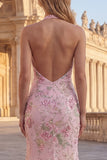 Vestido de baile largo sin respaldo sin espalda con cuello de fin de curso rosa sirena rosa brillante y con abertura