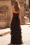 Vestido largo de graduación de graduación de fin, corsé de bollos y funda negra, con volantes