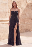 Vestido largo largo de graduación de Shortheart negro brillante, línea en A, cuentas fruncidas, con abertura