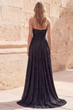 Vestido largo largo de graduación de Shortheart negro brillante, línea en A, cuentas fruncidas, con abertura