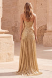 Vestido largo largo de graduación dorado sin tirantes y sin mangas