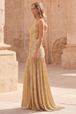 Vestido largo largo de graduación dorado sin tirantes y sin mangas