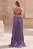 Vestido largo largo de graduación con filo en forma de A morado con halter, húmen, hueco y afuera