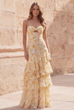 Vestido largo largo de graduación con volantes con volantes de flor amarilla Sirena Flor Amarilla