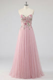 Vestido de graduación rosa brillante de tul con pliquados en forma de A, con abalorios