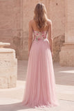 Vestido de graduación rosa brillante de tul con pliquados en forma de A, con abalorios
