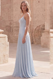 Vestido largo de graduación con tirantes finos azul cielo con tirantes finos