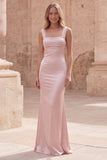 Vestido largo de graduación de satén de tirantes finos de sirena rosa con cordones en la espalda