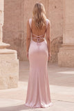 Vestido largo de graduación de satén de tirantes finos de sirena rosa con cordones en la espalda