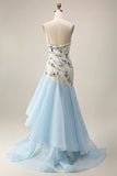 Vestido de sirena azul claro con volantes de sirena
