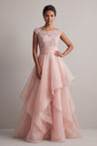 Vestido de madre de la novia color champán línea A con escote barco y lentejuelas