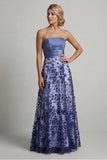 Vestido de madre de la novia floral azul marino sin tirantes A Line