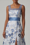 Vestido de madre de novia con cuello cuadrado de cuello cuadrado azul polvoriento