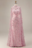 Vestido de noche floral 3D con escote ilusión rosa sirena y mangas tipo capa