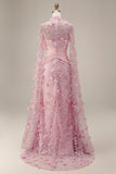 Vestido de noche floral 3D con escote ilusión rosa sirena y mangas tipo capa