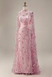Vestido de noche floral 3D con escote ilusión rosa sirena y mangas tipo capa