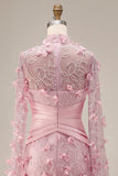 Vestido de noche floral 3D con escote ilusión rosa sirena y mangas tipo capa