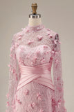 Vestido de noche floral 3D con escote ilusión rosa sirena y mangas tipo capa