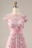 Vestido largo de graduación rosa de manga corta con cuentas y flores 3D en línea rosa A